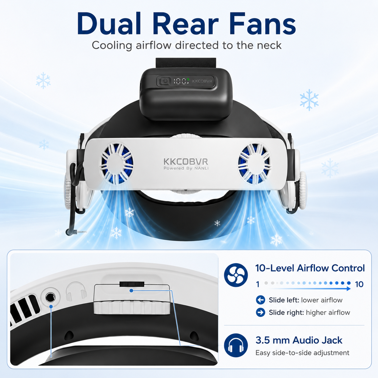 KKCOBVR Q3U 10000mAh Magnetic Halo Strap for Quest 3/3S, Dual Neck Fans & Removable Front Magnetic Cooling Fan